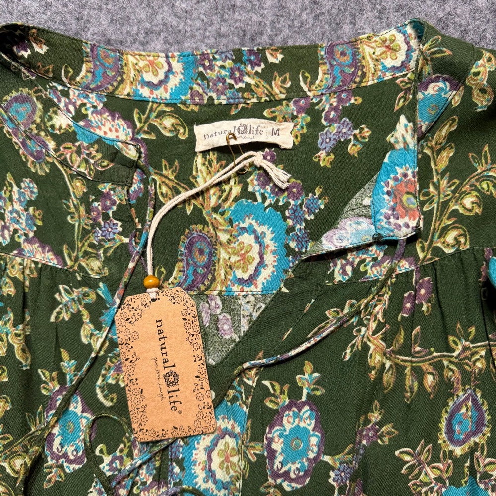 NATURAL LIFE Boho Paisley Rayon Midi Dress Olive Green Floral Tassel NWT Medium - Picture 3 of 10